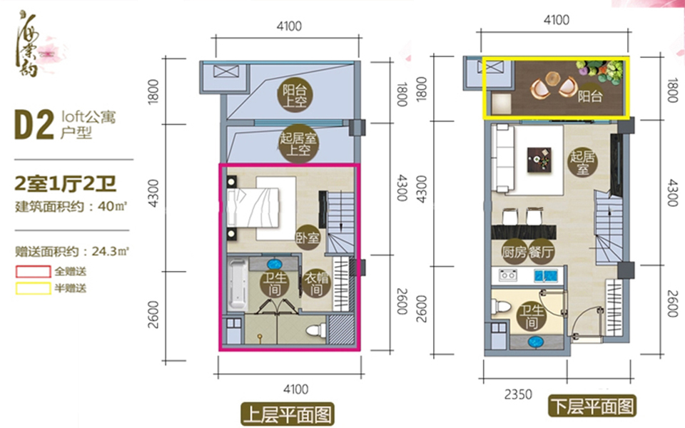 loft公寓D2户型  2房1厅1厨2卫 40㎡